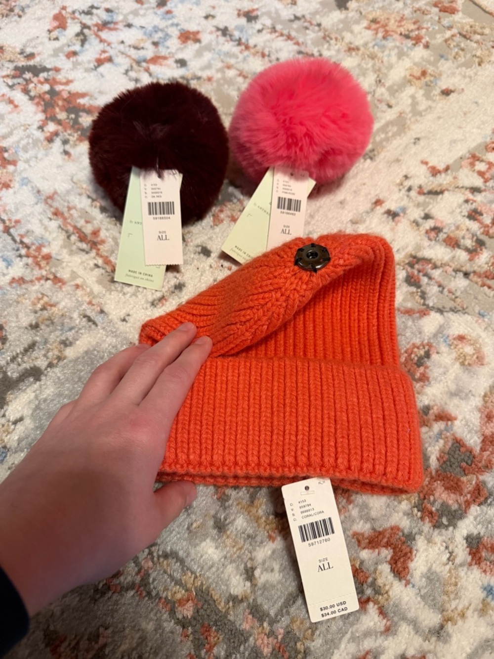 NWT Anthropologie Ribbed Knit Pom Hat with Interchangeable Pom